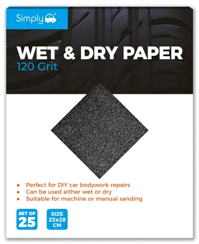 Simply WD0120 Wet & Dry Polishing Paper 120 Grit, Pack of 25, 230mm x 280mm, Perfect for DIY Car Bodywork Repairs, Machine, Manual Sanding, Furniture and Home Improvement