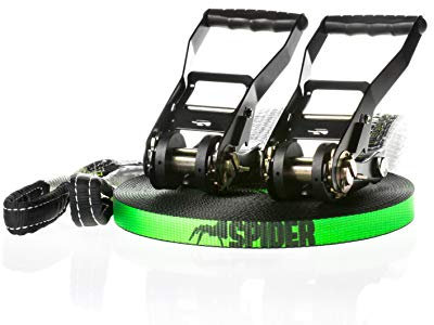 SPIDER SLACKLINE LKS01 - Kit Longline Fly Line 25, Slackline 20 m, zwei weiße Ratschen, Gurt 2,5 m, Slingbag inklusive - Komplett-Kit für Slackliner