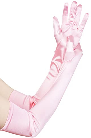 JISEN Women Long Party Formal Bridal 20s Satin Gloves Wedding Opera Mittens Pink 22 Inch