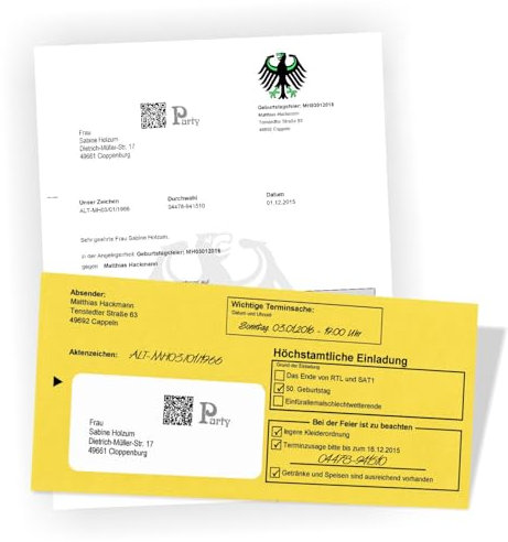 Einladungskarte zum Geburtstag, amtliche Zustellung wie echt - 90 Briefe & Umschlag individuell bedruckt, Wunschtext, selber gestalten - (10-100 Briefe)