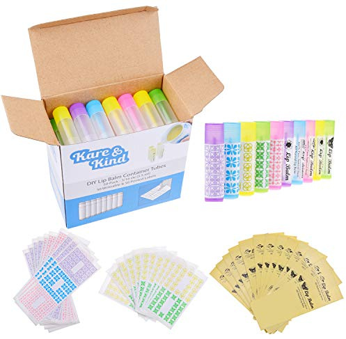 Kare & Kind Lippenbalsam-Behältertuben – 50er-Pack 10 x 5 Farben – DIY – 3/16 Oz 5,5 ml – inklusive 50 beschreibbaren 10 x 5 Farben und 50 bedruckten Lippenbalsam-Aufklebern – Drehmechanismus und eine