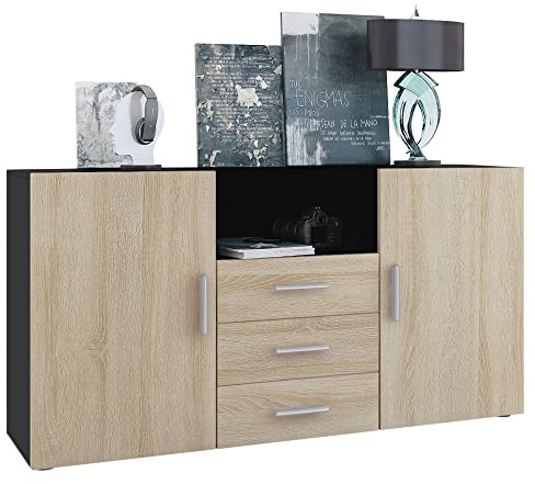Vladon Sideboard Skadu, Kommode mit 2 Türen, 3 Schubladen und 1 offenem Fach, Schwarz matt/Eiche sägerau (138,5 x 71,5 x 35 cm)
