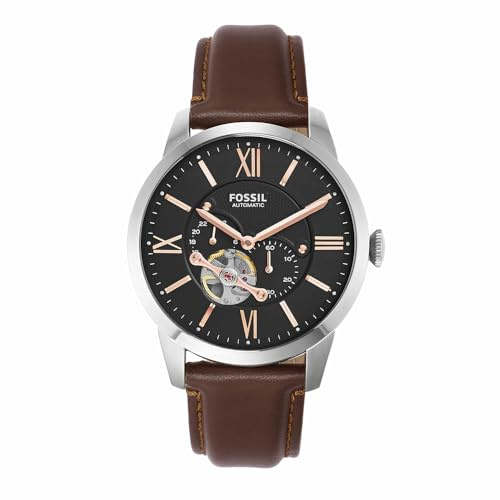 Fossil Townsman uhr für Herren, Mechanisches Automatikwerk mit Edelstahl- oder Lederarmband, Dunkelbraun, 45MM