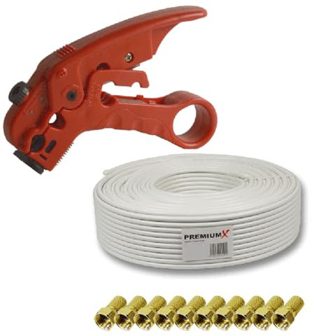 PremiumX XCon CS-100 Universal 2-Stufen Abisolierer für Koaxialkabel + DELUXE PRO Koaxial Kabel 135dB 5-Fach geschirmt, reines Kupfer 25m SAT Antennenkabel + 10 F-Stecker 7,5mm