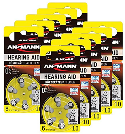 ANSMANN Hörgerätebatterien 10 gelb 60 Stück - Zink Luft Hörgeräte Batterien Typ 10 P10 ZL4 PR70 mit 1,4V - Knopfzelle mit besonders langer Laufzeit für Hörgerät Hörverstärker & Hörhilfe