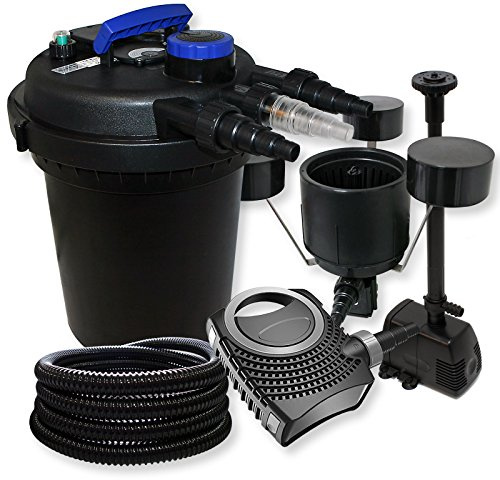 SunSun Kit complet: CPF-180 Filtre de bassin à pression jusqu’à 6000 L 11 Watt lampe uv, CTF-8000 pompe 8000l/h 70W, 25m Tuyau 25 mm, CSP-250 Écumeur 2500l/h 45W, HJ-943 fontaine 800l/h 16W