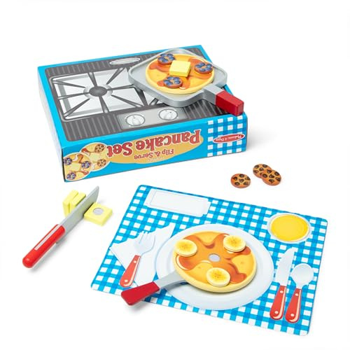 Melissa & Doug Flip and Serve Pancake Set (19 pcs) - Wooden Breakfast Play Food,Brown