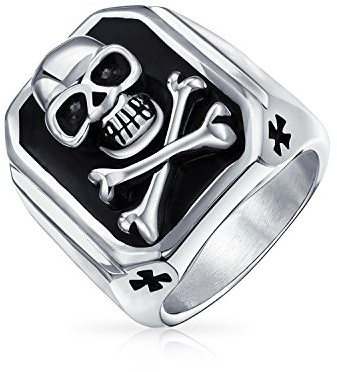 Bling Jewelry Anello Sigillo Rettangolare In Acciaio Inossidabile Tonalità Argento Con Teschio E Ossa Incrociate Di Pirati Dei Caraibi Smalto Nero Per Uomini E Ragazzi
