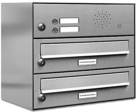 AL Briefkastensysteme 2er Briefkastenanlage mit Klingel Edelstahl, Premium Doppel-Briefkasten DIN A4, 2 Fach Postkasten modern Aufputz