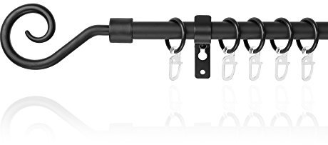 Lichtblick Gardinenstange Kringel, 16 mm, ausziehbar, 1 läufig, 130-240 cm Länge, inklusive Wandhalter und Ringe mit Faltenleghaken Schwarz
