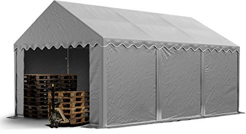 TOOLPORT Lagerzelt 4x6 m Industriezelt Unterstand PVC Plane 750 N grau mit Bodenrahmen und Dachverstärkung