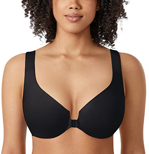 DELIMIRA Kvinnors Ofodrade Bygel Heltäckande Behåar Plus Size Front Stängning Racerback Bh Svart 100D