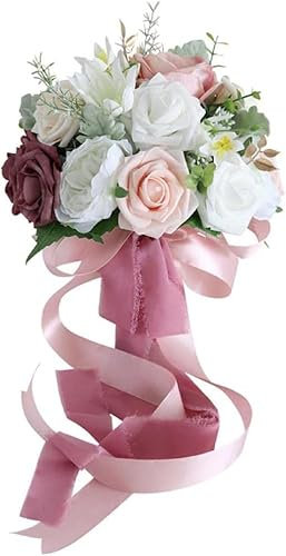 TONZN Blumensträuße, schöne Rosen, künstliche Seidenblumen, Kleiner weißer rosa Blumenstrauß, für Zuhause, Party, Winter, Hochzeit, Dekorationen, künstliche Blumen, Brautstrauß