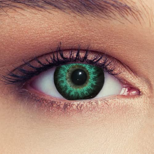 DESIGNLENSES, Grüne farbige Kontaktlinsen mit Stärke, 1 Paar (2St), große Augen Effekt, Monatslinsen geeignet für dunkle Augen + Gratis Behälter High intensive Green -1,50