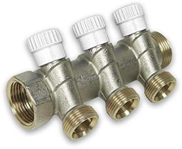 3- fach Messing Verteiler, mit Absperrventil blau, Balken mit [1''IG x 1''AG], 3 Abgänge mit 3/4'' EK (Eurokonusanschluss)