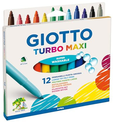 Giotto 454000 Turbo Pennarelli, Turbo Maxi Punta Larga, 5 mm, Confezione da 12, Assortiti