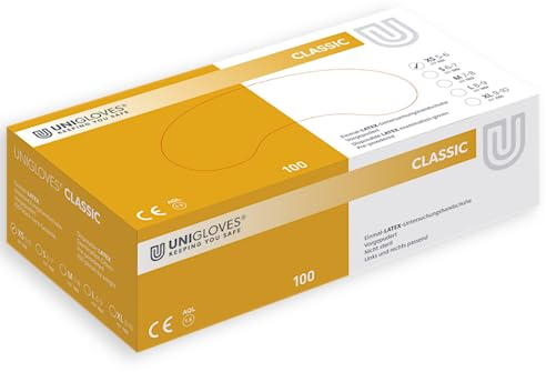 UNIGLOVES - Dehnbarer CLASSIC® Latexhandschuh | Mit Maisstärke gepudert gegen feuchte Hände | für Ärzte, Industrie & Kosmetikstudios | 100 Stück | Einmalhandschuh XS