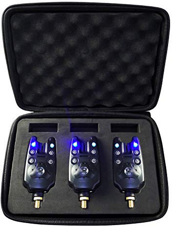 discoball Bissanzeiger zum Angeln, mit 1 Ausgangslautsprecher und 2 hellblauen LED-Leuchten [Einstellbare Funktionen: 3 Empfindlichkeitsmodi, 4 Klingeltöne und 5 Lautstärkestufen], 3 Stück