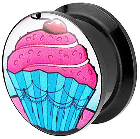 Piersando Ohr Plug Piercing Kunststoff Motiv Comic Picture Flesh Tunnel Ohrplug mit Cupcake Pink Blau Schwarz 6mm