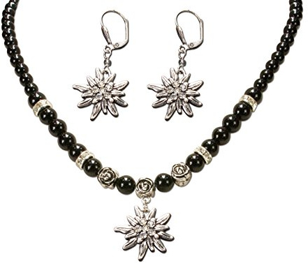 Alpenflüstern Trachtenschmuck-Set Perlen-Trachtenkette und Trachten-Ohrhänger Strass-Edelweiß - Damen-Trachten-Schmuck, Trachtenset Dirndl-Kette und Trachten-Ohrringe in traditionellen Farben SET005