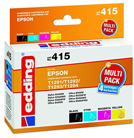 edding Druckerpatrone EDD-415 - Multipack 4 - Schwarz, Cyan, Magenta, Gelb - 1x 14 ml + 3X 10 ml - Reichweite 1x 485 3X 500 Seiten - Ersetzt Epson T1291/T1292/T1293/T1294