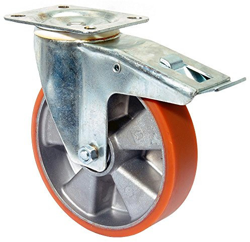 BSRollen Transportgeräte-Lenkrolle m. Festst., Polyurethan 95+/-3, Durchm. 100 mm, Traglast 125 kg, Kugellage r, Anschraubplatte