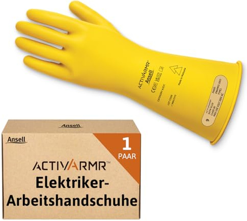 Ansell ActivArmr Elektriker-Schutzhandschuhe, Elektroschutz Klass 00 (500V), Elektrisch Isolierende Gummihandschuhe, Professionelle Arbeitshandschuhe 36cm, Gelb, Größe L (1 Paar)
