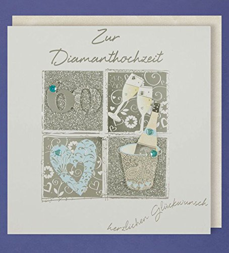 AvanCarte Diamanthochzeit Grußkarte 60 Handmade Applikation 60 Champagne 2 Gläser Herzen 21x21cm