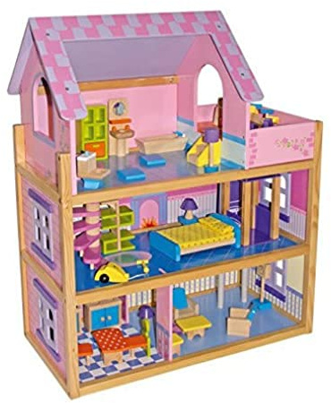 small foot 1535 Puppenhaus Rosa aus Holz, mit 3 Etagen, Wendeltreppe, Fahrstuhl und 23 Puppenmöbeln, ab 3 Jahren