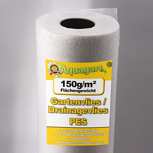 Aquagart 150m² Unkrautvlies weiß - 150g PES Drainagevlies I Bester Schutz vor Unkraut I Gartenvlies & Unkrautsperre I Wasserdurchlässige Unkrautfolie I Robuster Schutzvlies für Garten & Teich 1m breit