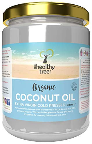 Organic Extra Virgin Coconut Oil by TheHealthyTree Company - for Cooking, Baking, Hair and Skin - Vegan Cold Pressed Raw Organic Coconut Oil (500ml Glass Jar)
