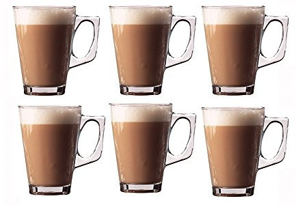 Invero® 6X Set of Premium Café Latte 240ml (8.8oz) Clear Tall Glasses Perfect for Tea Coffee Mocha Hot Chocolate Cappuccino Espresso and Other Hot Drinks