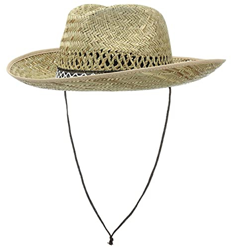 Hutshopping Santiago Western hatt dam/herr – cowboyhatt av 100 % halm – stråhatt tillverkad i Italien – solhatt på 55–61 cm – västernhatt med hakband, natur, 59 cm