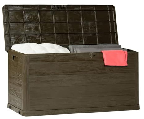 Toomax Multibox Woody's baule portattrezzi da esterno effetto legno, volume 280 litri, dimensioni cm 117x45x56h colore marrone.
