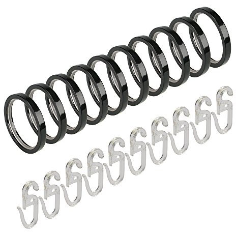JalousieCrew 10 Stück Flach Ringe für Gardinenstange 20mm Farbe schwarz, Chrom Glanz mit Faltenlegehaken (schwarz)