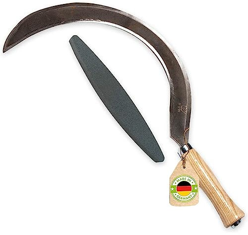 4betterdays.com Rechtshänder Mondsichel mit Handwerk aus Stahl und Eschenholz - inkl. gratis Schleifstein/Sichel, Handsichel, Sichel Garten, Sichelmesser/Made in Germany