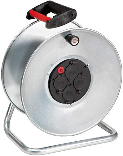 Brennenstuhl 1193105 Avvolgicavo Vuoto Serie Garant Sk in Acciaio Zincato Antiruggie Diametro 32 Cm Maniglia Ergonomica, Spina Italiana 16A e 4 Prese Italiane 10A+16A + Schuko, Argento
