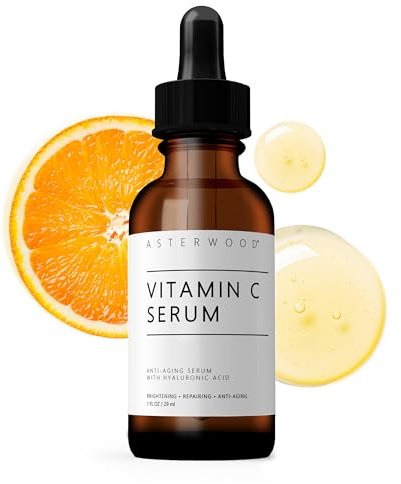 Asterwood Vitamin C Face Serum - with Hyaluronic Acid - Smoothing, Hydrating, Stimulates Collagen Production - Fragrance-Free - 1 Fl Oz
