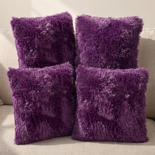 Adore 4 Pack Long Pile Faux Fur Cushion Covers 43x43cm - Purple | 4 pack of soft cuddly long pile faux fur cushion covers for sofas, beds and chairs; 43x43cm size