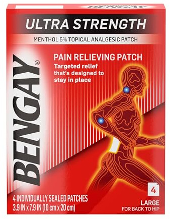 Ultra Strength Bengay Pain Relief Patches, Large Topical Analgesic Menthol Patches for Muscle & Joint Pain Due to Backaches, Minor Arthritis, Sprains, & Strains, 3.9 x 7.9 inches, 4 Count