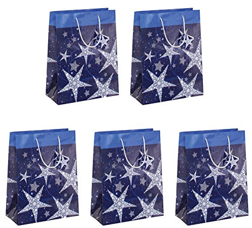 Sigel GT025/5 große Papier-Geschenktüten 33 x 26 cm, Weihnachten 5er Set, blau, Shining stars, Papier-Geschenktaschen Weihnachten