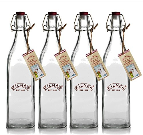 4 x Kilner Bottles - Square Vintage 1 Litre Preserve Glass Bottles with Clip Tops - Ideal for Milk, juices, cordials, Infused Oils, Sloe Gin - Gift Idea