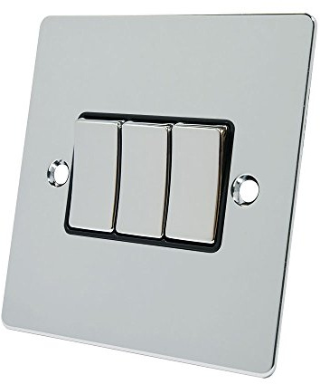 Alliance Electrical FPC3GSWIBC 10 A 3 Gang 2 Way Black Insert Flat Metal Rocker Light Switch - Polished Chrome