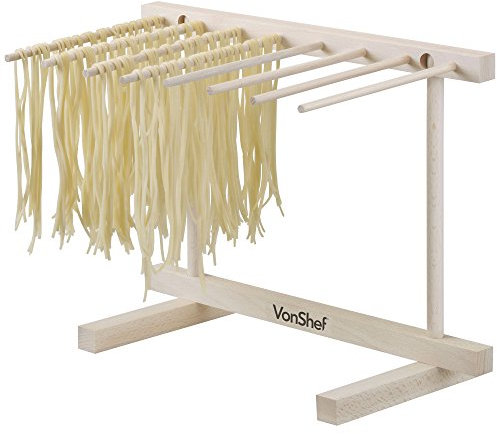 VonShef Pasta Drying Rack, Collapsible Wooden Noodle Stand for Homemade Spaghetti, Fresh Pasta Drying Tree, Beech Frame with Eight Large Foldable Arms