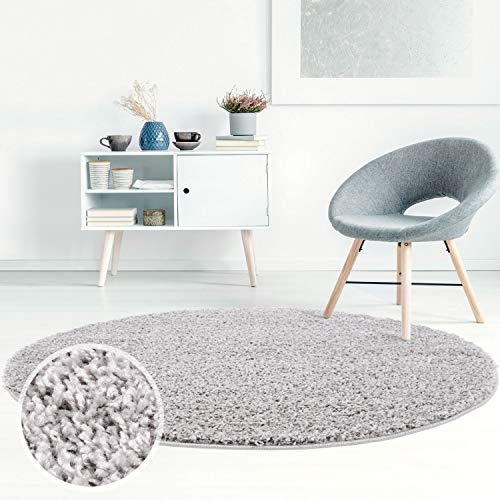 carpet city Shaggy Teppich Hochflor Langflor Einfarbig Uni Grau Weich Flauschig Wohnzimmer, Größe: 160 x 160 cm Rund