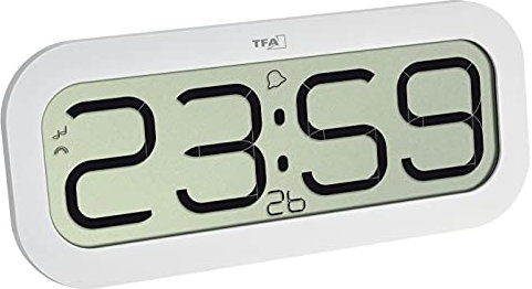 TFA Dostmann Digitale Wanduhr mit Stundenschlag Bim Bam, 60.4514.02, Funkuhr mit 5 verschiedenen Stundenklängen (Big Ben, Vogel, Kuckuck, Glocken, Klangschale), Weckfunktion, LED-Display, weiß