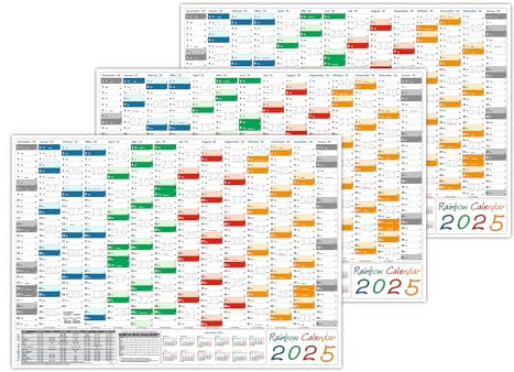 3 Stück Rainbow Wandkalender/Wandplaner 2025 (gerollt) DIN A2 Format (420 x 594 mm) 14 Monate, komplette Jahresvorschau Folgejahr und Ferientermine/Feiertage aller Bundesländer
