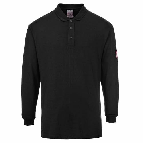 Portwest FR10 Modaflame Knit FR Long Sleeve Polo Shirt Flame Resistant ESD | Black, Medium, EN 61482-1-2 Class 1, EN ISO 11612, Regular Fit, Button Placket Opening, 40+ UPF Rated Fabric, Workwear