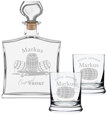 polar-effekt Set da 3 pezzi con bottiglia da whisky e 2 bicchieri da whisky, elegante caraffa in vetro, contenuto: 700 ml, personalizzabile, con incisione, motivo barile da whisky