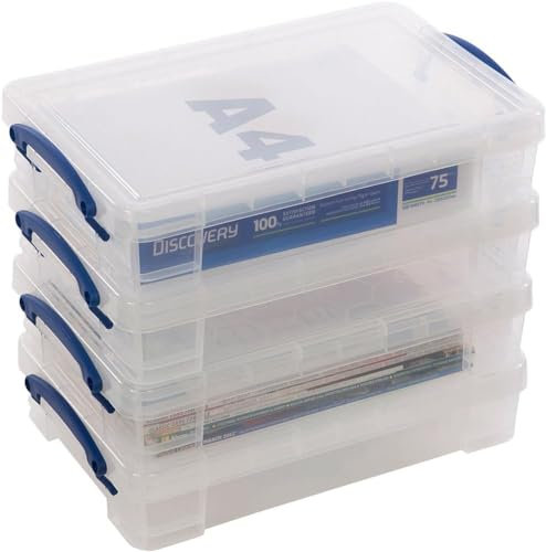 4 x Really Useful 4 Litre Storage Boxes Clear Plastic With Lid Box Heavy Duty, Ideal for storing stationery, jewelry tools and art equipment, 39.5 x 25.5 x 8.8 cm